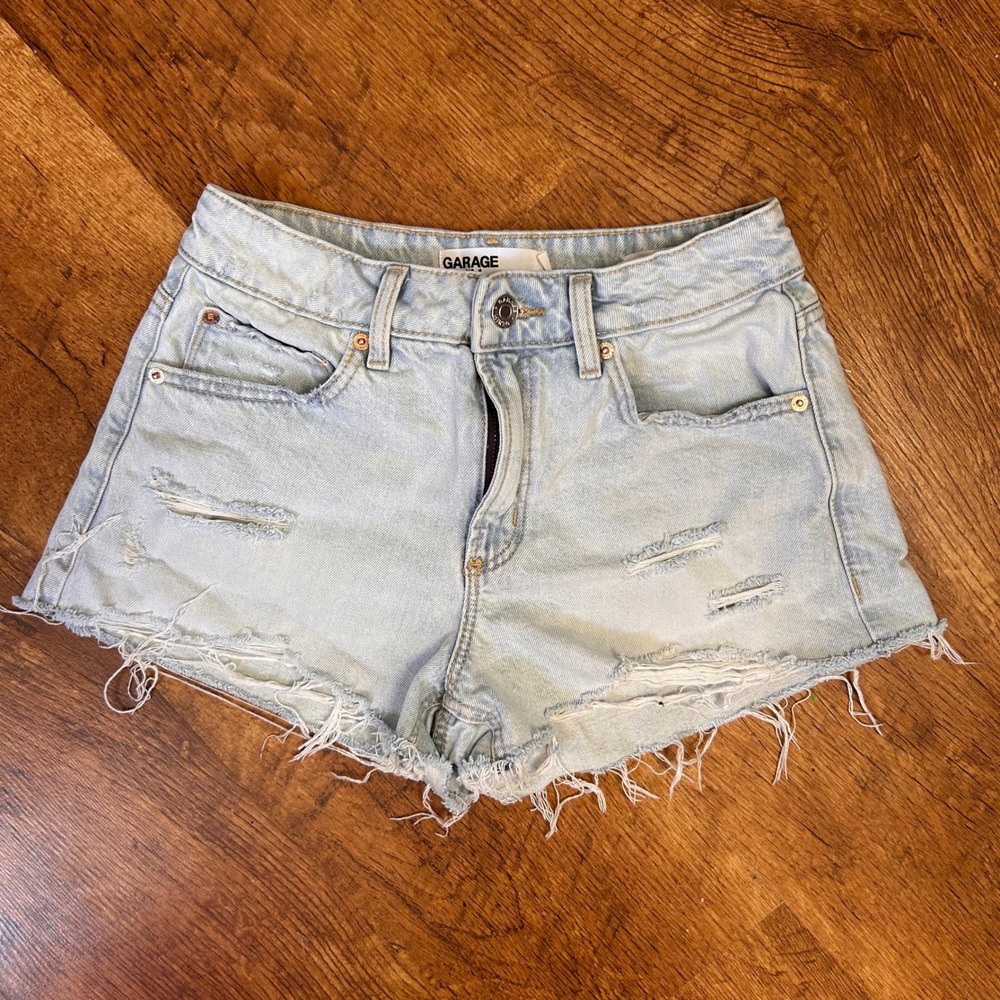 Garage Light Wash Distressed High Waisted Denim Shorts Raw Hem Light Blue